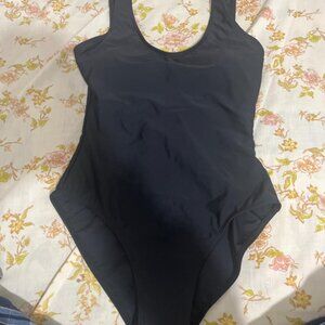 Plain black one piece swimsuit